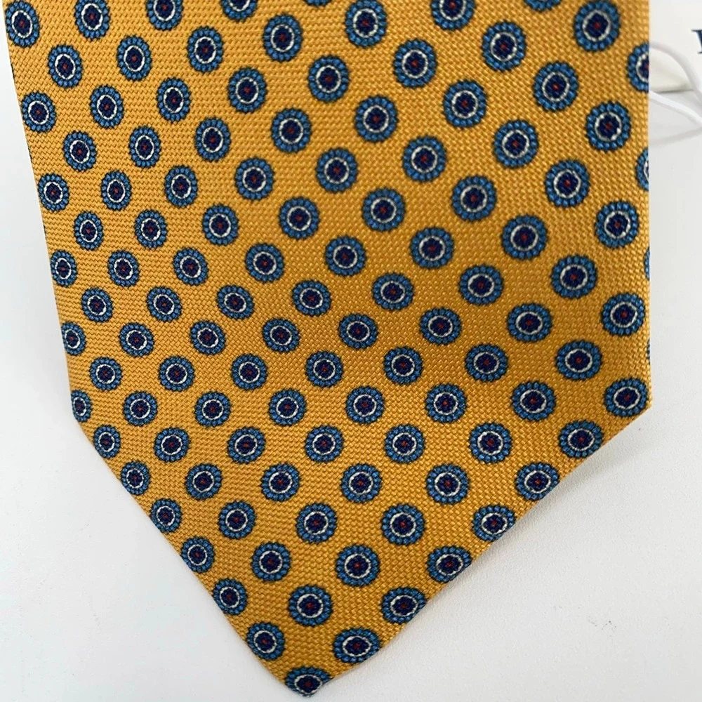 Eton Tie Mens One Size Yellow Blue Patterned Silk Classic Necktie Italy Made NWT